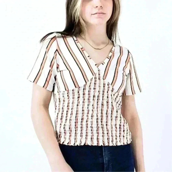 marci Rainbow Striped Cinched Stretchy Tee Top Blouse - M - Picture 5 of 6